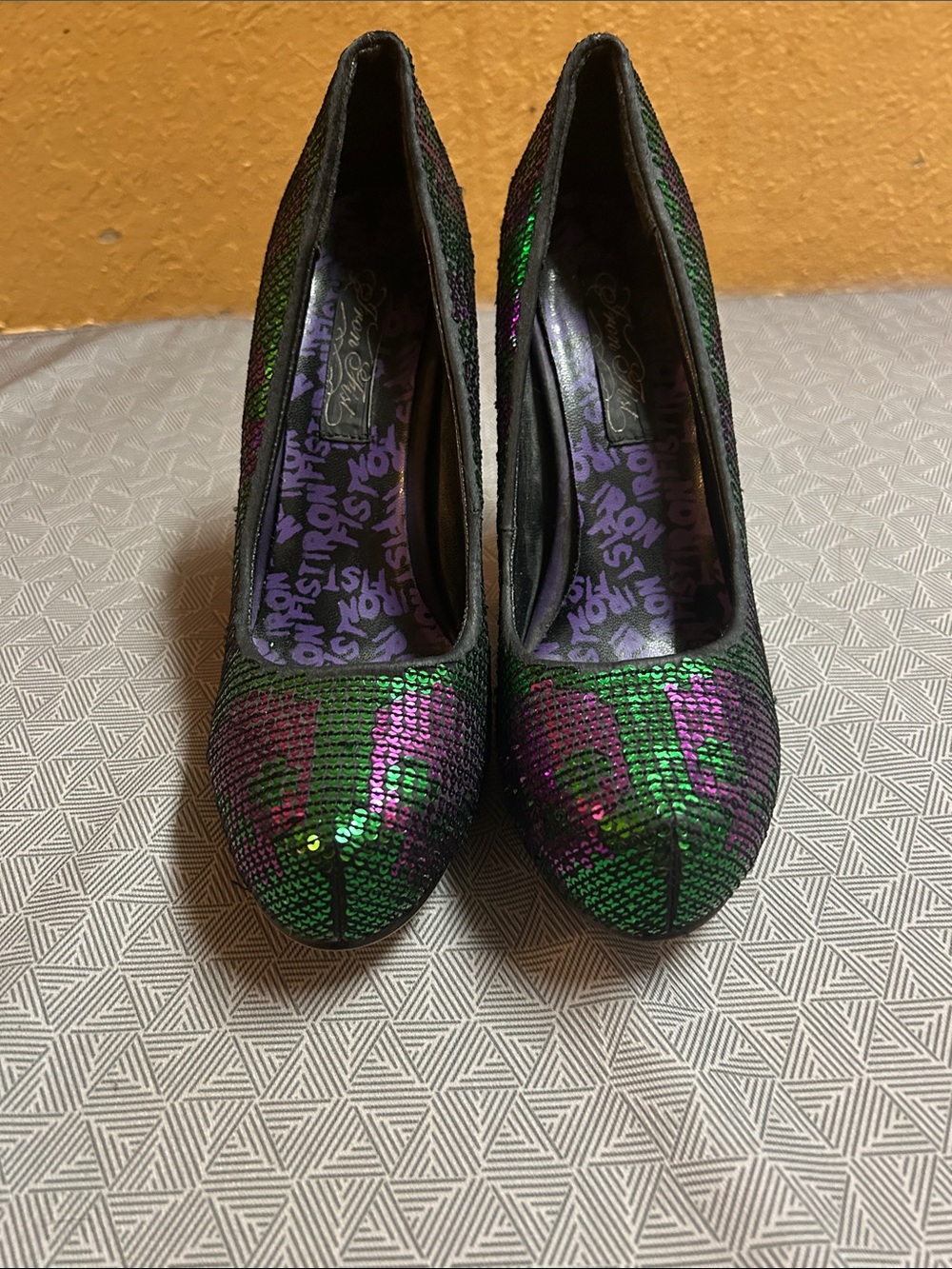 Iron Fist Green & Purple Sequin Skull Heels - Picture 3 of 6